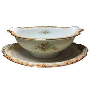 Vintage‎ Noritake Gravy Boat Attached Underplate Floral Gold Trim Occupied Japan